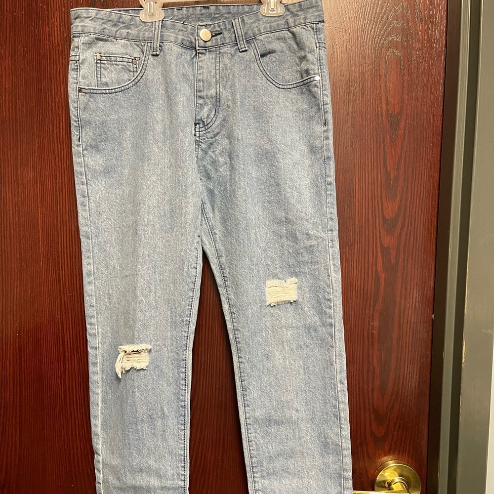 Mens distress blue jeans